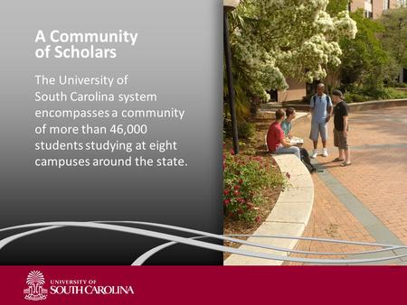 A Community of Scholars The University of South Carolina system encompasses a community of more than 46,000 students studying at eight campuses around.