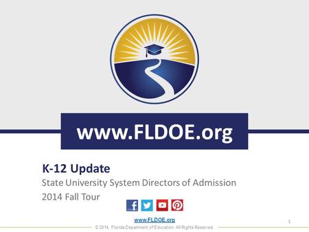 Www.FLDOE.org © 2014, Florida Department of Education. All Rights Reserved. www.FLDOE.org State University System Directors of Admission 2014 Fall Tour.