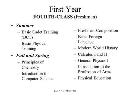 LL16.5.1 - First Year First Year FOURTH-CLASS (Freshman) Summer –Basic Cadet Training (BCT) –Basic Physical Training Fall and Spring –Principles of Chemistry.