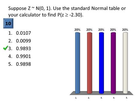 Suppose Z ~ N(0, 1). Use the standard Normal table or your calculator to find P(z  -2.30). 1.0.0107 2.0.0099 3.0.9893 4.0.9901 5.0.9898 10.