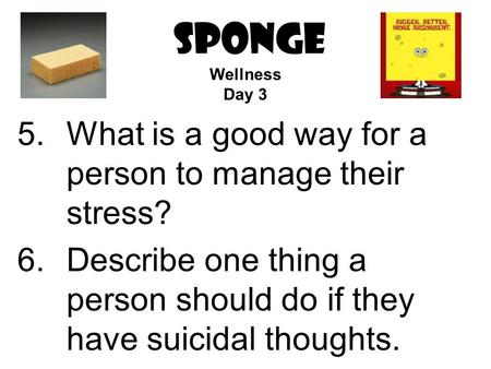 SPONGE 5.What is a good way for a person to manage their stress? 6.Describe one thing a person should do if they have suicidal thoughts. Wellness Day 3.