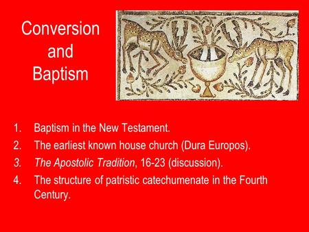 Conversion and Baptism 1.Baptism in the New Testament. 2.The earliest known house church (Dura Europos). 3.The Apostolic Tradition, 16-23 (discussion).