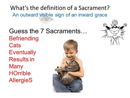 What’s the definition of a Sacrament? Guess the 7 Sacraments… Befriending Cats Eventually Results in Many HOrrible AllergieS An outward visible sign of.
