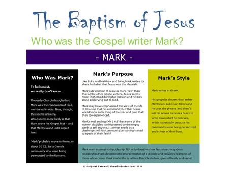 The Baptism of Jesus Who was the Gospel writer Mark?