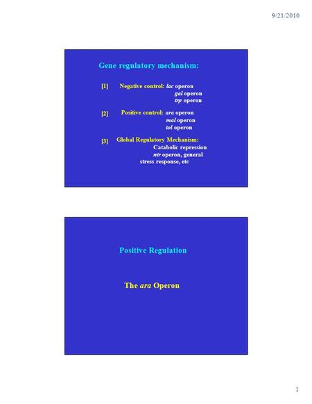 1 9/21/2010 Gene regulatory mechanism: [1] [2] [3] Negative control: lac operon gal operon trp operon Positive control: ara operon mal operon tol operon.