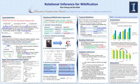 Textual Relations Task Definition Annotate input text with disambiguated Wikipedia titles: Motivation Current state-of-the-art Wikifiers, using purely.
