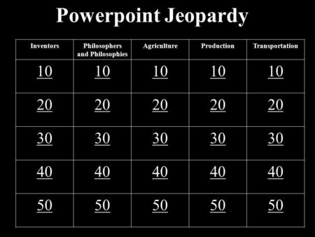 Powerpoint Jeopardy InventorsPhilosophers and Philosophies AgricultureProductionTransportation 10 20 30 40 50.