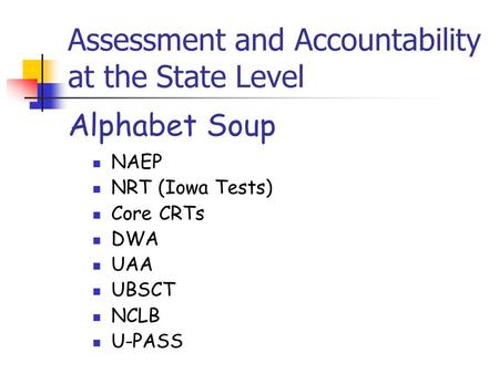 Assessment and Accountability at the State Level NAEP NRT (Iowa Tests) Core CRTs DWA UAA UBSCT NCLB U-PASS Alphabet Soup.