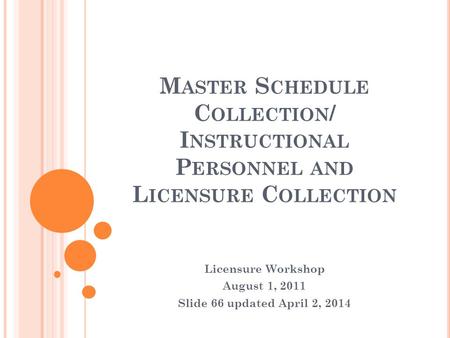 M ASTER S CHEDULE C OLLECTION / I NSTRUCTIONAL P ERSONNEL AND L ICENSURE C OLLECTION Licensure Workshop August 1, 2011 Slide 66 updated April 2, 2014.