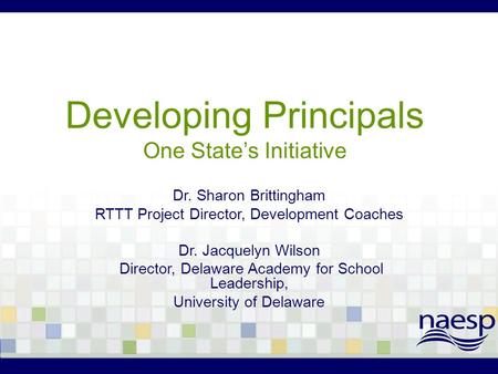 Developing Principals One State’s Initiative Dr. Sharon Brittingham RTTT Project Director, Development Coaches Dr. Jacquelyn Wilson Director, Delaware.