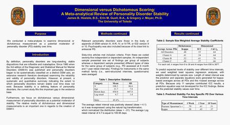 Purpose Dimensional versus Dichotomous Scoring: A Meta-analytical Review of Personality Disorder Stability James B. Hoelzle, B.S., Erin M. Guell, B.A.,
