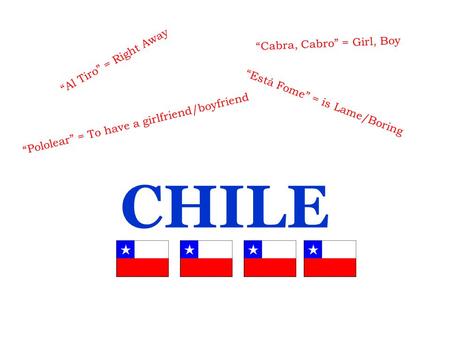 CHILE “Al Tiro” = Right Away “Cabra, Cabro” = Girl, Boy “Está Fome” = is Lame/Boring “Pololear” = To have a girlfriend/boyfriend.