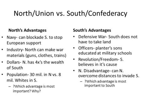 North/Union vs. South/Confederacy North’s Advantages Navy- can blockade S. to stop European support Industry- North can make war materials (guns, clothes,