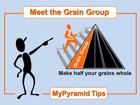 1 Grain Group Make half your grains whole MyPyramid Tips Meet the Grain Group.