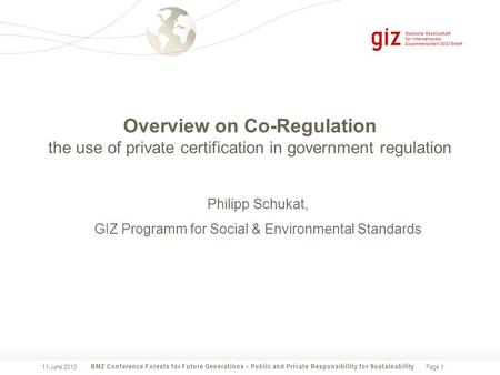 Page 1 Overview on Co-Regulation the use of private certification in government regulation BMZ Conference Forests for Future Generations – Public and Private.