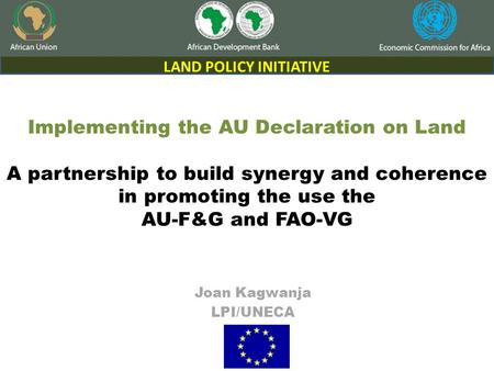 Implementing the AU Declaration on Land A partnership to build synergy and coherence in promoting the use the AU-F&G and FAO-VG Joan Kagwanja LPI/UNECA.
