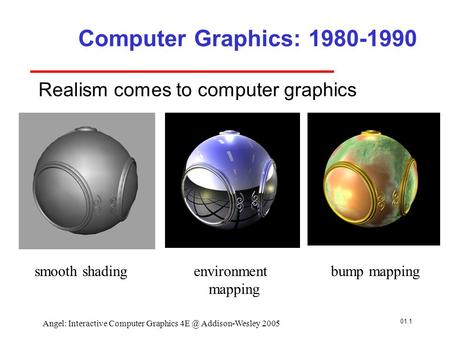 01.1 Angel: Interactive Computer Graphics Addison-Wesley 2005 Computer Graphics: 1980-1990 Realism comes to computer graphics smooth shadingenvironment.