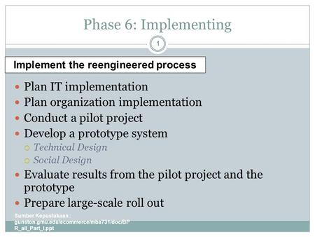 Phase 6: Implementing Sumber Kepustakaan : gunston.gmu.edu/ecommerce/mba731/doc/BP R_all_Part_I.ppt 1 Plan IT implementation Plan organization implementation.