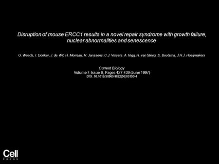 Disruption of mouse ERCC1 results in a novel repair syndrome with growth failure, nuclear abnormalities and senescence G. Weeda, I. Donker, J. de Wit,