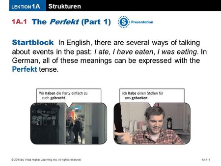 The Perfekt (Part 1) Startblock In English, there are several ways of talking about events in the past: I ate, I have eaten, I was eating. In German,