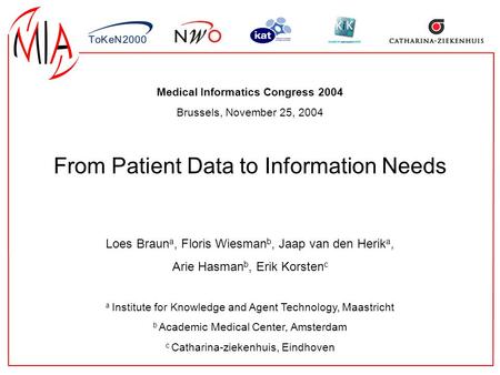 Medical Informatics Congress 2004 Brussels, November 25, 2004 From Patient Data to Information Needs Loes Braun a, Floris Wiesman b, Jaap van den Herik.