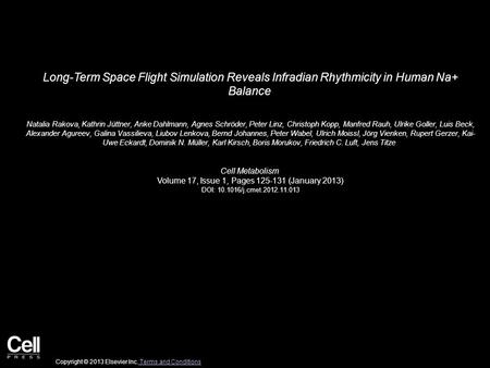 Long-Term Space Flight Simulation Reveals Infradian Rhythmicity in Human Na+ Balance Natalia Rakova, Kathrin Jüttner, Anke Dahlmann, Agnes Schröder, Peter.