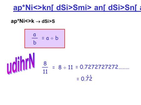 ap*Nikn[ dSi>Smi> an[ dSi>Sn[ ap*Nikmi> f[rvv&> ap*Nik  dSi>S a b = a  b 8 11 = 8  11 = 0.7272727272……… = 0.72..