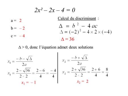 2x² – 2x – 4 = 0 a = b = c = 2 – 2 – 4 Calcul du discriminant :  = 36  > 0, donc l’équation admet deux solutions x 1 = – 1 x 2 = 2.