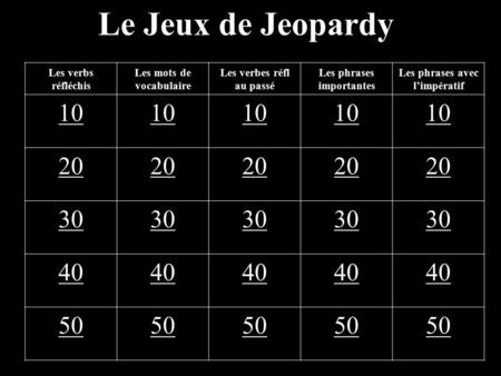 Le Jeux de Jeopardy Les verbs réfléchis Les mots de vocabulaire Les verbes réfl au passé Les phrases importantes Les phrases avec l’impératif 10 20 30.