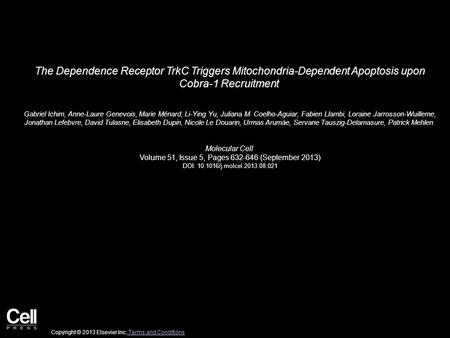 The Dependence Receptor TrkC Triggers Mitochondria-Dependent Apoptosis upon Cobra-1 Recruitment Gabriel Ichim, Anne-Laure Genevois, Marie Ménard, Li-Ying.