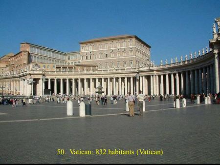 50. Vatican: 832 habitants (Vatican) 49. Monte Carlo: 1.151 habitants (Monaco)