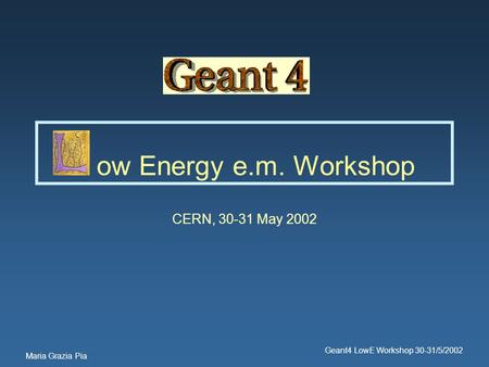 Maria Grazia Pia Geant4 LowE Workshop 30-31/5/2002 ow Energy e.m. Workshop CERN, 30-31 May 2002.