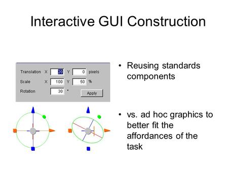 Interactive GUI Construction Reusing standards components vs. ad hoc graphics to better fit the affordances of the task.