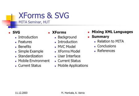 11.12.2003 M. Honkala, A. Vainio XForms & SVG MITA Seminar, HUT SVG Introduction Features Benefits Simple Example Standardization Mobile Environment Current.