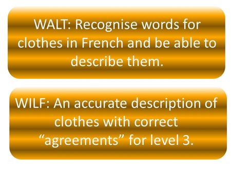 WALT: Recognise words for clothes in French and be able to describe them. WILF: An accurate description of clothes with correct “agreements” for level.