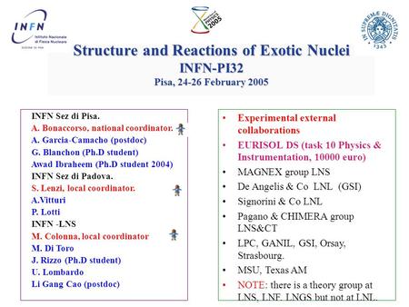 Structure and Reactions of Exotic Nuclei INFN-PI32 Pisa, 24-26 February 2005 INFN Sez di Pisa. A. Bonaccorso, national coordinator. A. Garcia-Camacho.