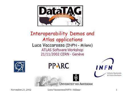 November 21, 2002Luca Vaccarossa INFN - Milano1 Interoperability Demos and Atlas applications Luca Vaccarossa (INFN - Milano) ATLAS Software Workshop 21/11/2002.