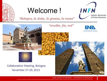 Welcome ! Collaboration Meeting, Bologna November 27-29, 2013 “Bologna, la dotta, la grassa, la rossa” “erudite, fat, red”