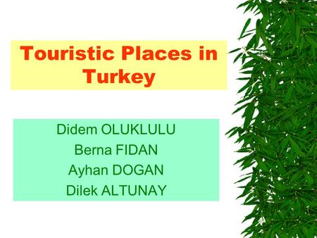 Touristic Places in Turkey Didem OLUKLULU Berna FIDAN Ayhan DOGAN Dilek ALTUNAY.