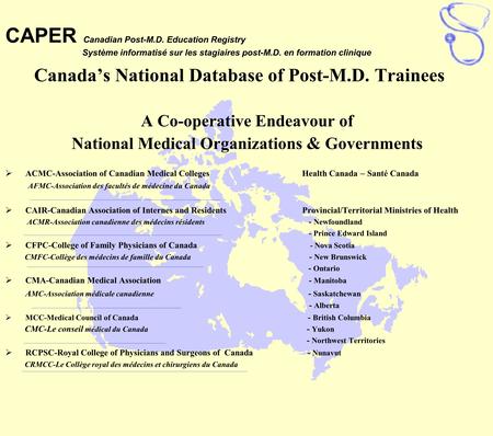 Canada’s National Database of Post-M.D. Trainees A Co-operative Endeavour of National Medical Organizations & Governments  ACMC-Association of Canadian.