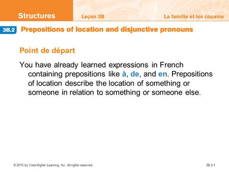 Point de départ You have already learned expressions in French containing prepositions like à, de, and en. Prepositions of location describe the location.