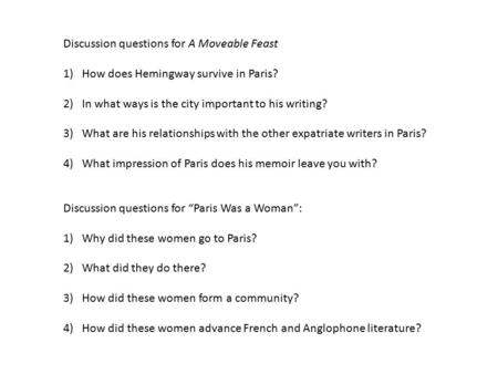 Discussion questions for A Moveable Feast