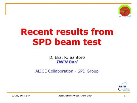 D. Elia, INFN BariALICE Offline Week - June 20041 Recent results from SPD beam test D. Elia, R. Santoro INFN Bari ALICE Collaboration - SPD Group.