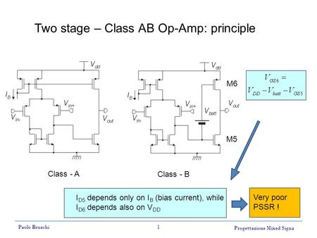 Progettazione Mixed Signa Paolo Bruschi1 Two stage – Class AB Op-Amp: principle Class - A Class - B M5 M6 I D5 depends only on I B (bias current), while.