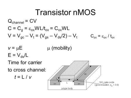 Transistor nMOS Q channel = CV C = C g =  ox WL/t ox = C ox WL V = V gc – V t = (V gs – V ds /2) – V t v =  E  (mobility) E = V ds /L Time for carrier.