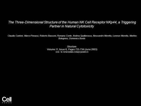 The Three-Dimensional Structure of the Human NK Cell Receptor NKp44, a Triggering Partner in Natural Cytotoxicity Claudia Cantoni, Marco Ponassi, Roberto.
