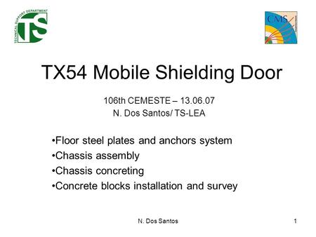 N. Dos Santos1 TX54 Mobile Shielding Door 106th CEMESTE – 13.06.07 N. Dos Santos/ TS-LEA Floor steel plates and anchors system Chassis assembly Chassis.