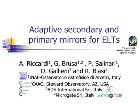 INAF-Osservatorio di Arcetri 3-4 May 2002. Tuorla Observatory Opticon Meeting Adaptive secondary and primary mirrors for ELTs A. Riccardi 1, G. Brusa 1,2,