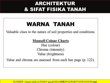 ARCHITEKTUR & SIFAT FISIKA TANAH WARNA TANAH Valuable clues to the nature of soil properties and conditions. Munsell Colour Charts Hue (colour) Chroma.