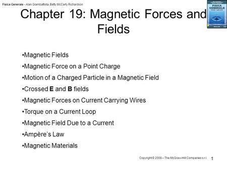 Fisica Generale - Alan Giambattista, Betty McCarty Richardson Copyright © 2008 – The McGraw-Hill Companies s.r.l. 1 Chapter 19: Magnetic Forces and Fields.